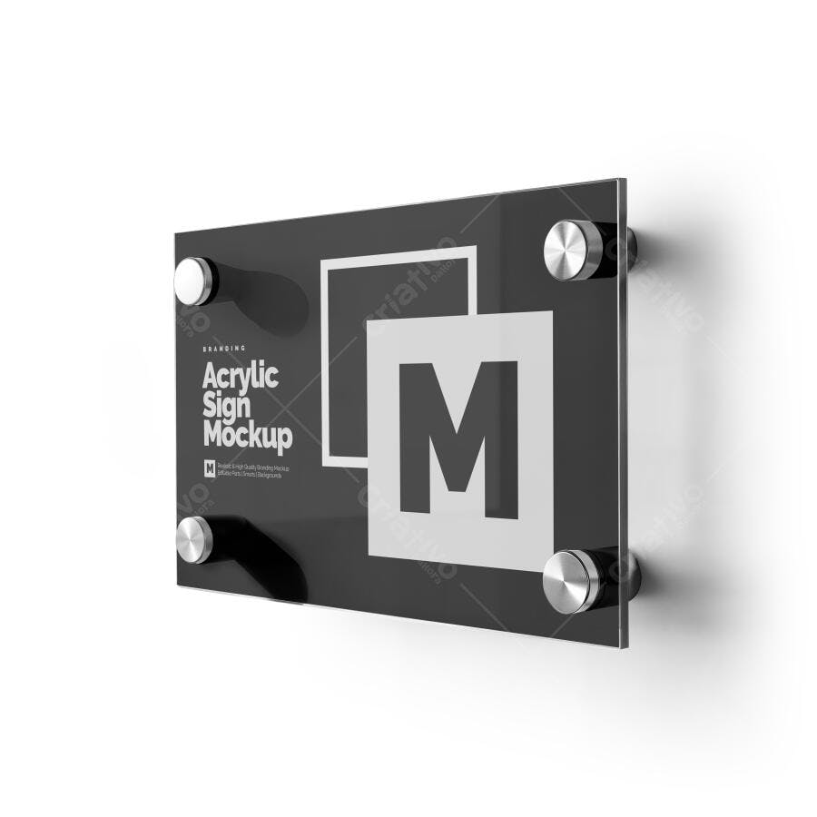Mockup Placa Acrílico Parede Parafusos Metálicos Editável