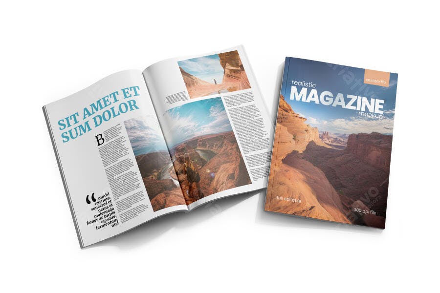 Mockup Revista Capa e Páginas Abertas Fundo Branco Editável