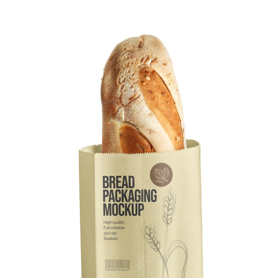 Mockup Embalagem Pão Baguete Papel Kraft Frontal Editável