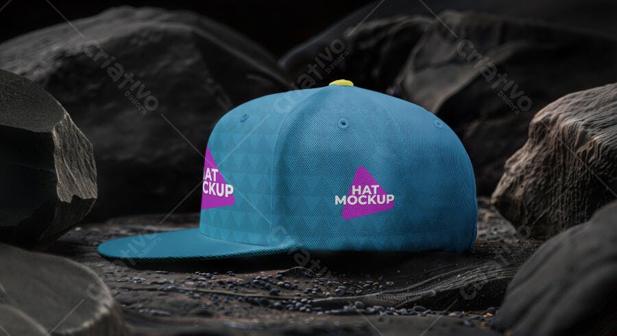 Mockup Boné Snapback Azul Escuro Fundo Rochas Editável