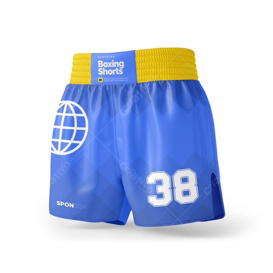 Mockup Calção de Boxe Azul e Amarelo Frontal Editável