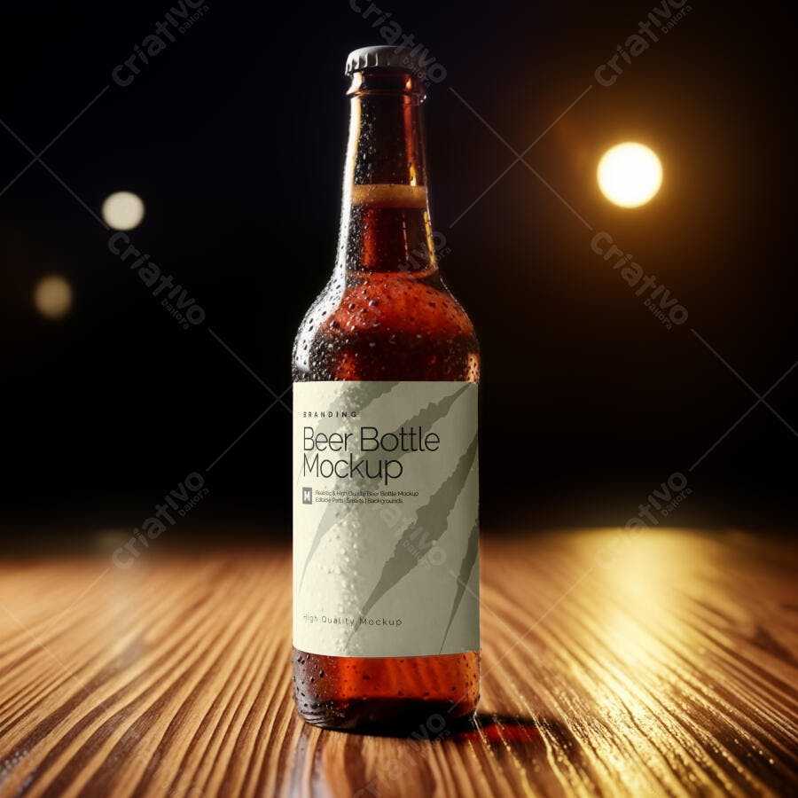 Mockup Garrafa Cerveja Vidro Mesa Madeira Realista Editável
