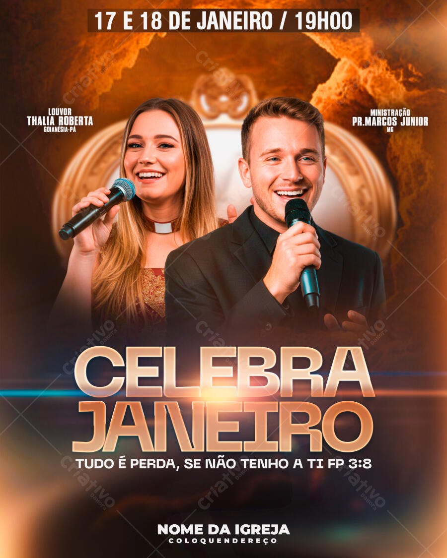 Flyer Celebra Janeiro Igreja Evento Cristão PSD Editável