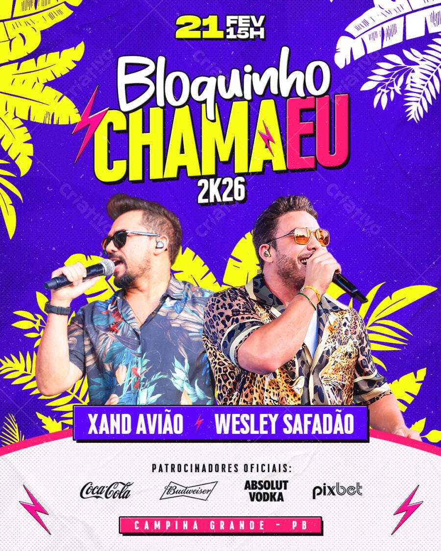 Flyer Carnaval Bloquinho Chameu Fevereiro PSD Editável