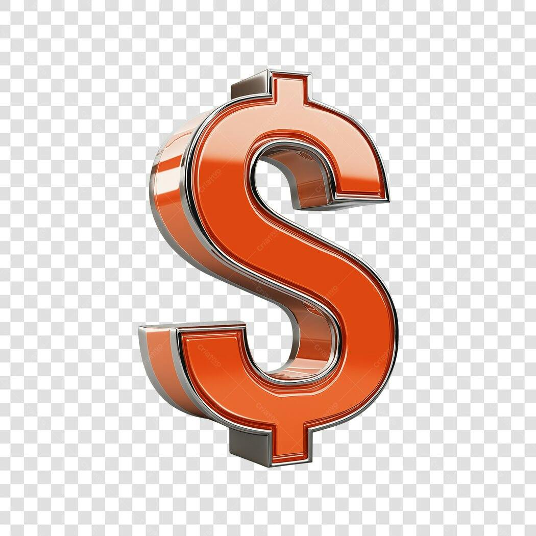 Elemento 3D Símbolo Dólar Laranja Metálico PNG Fundo Transparente