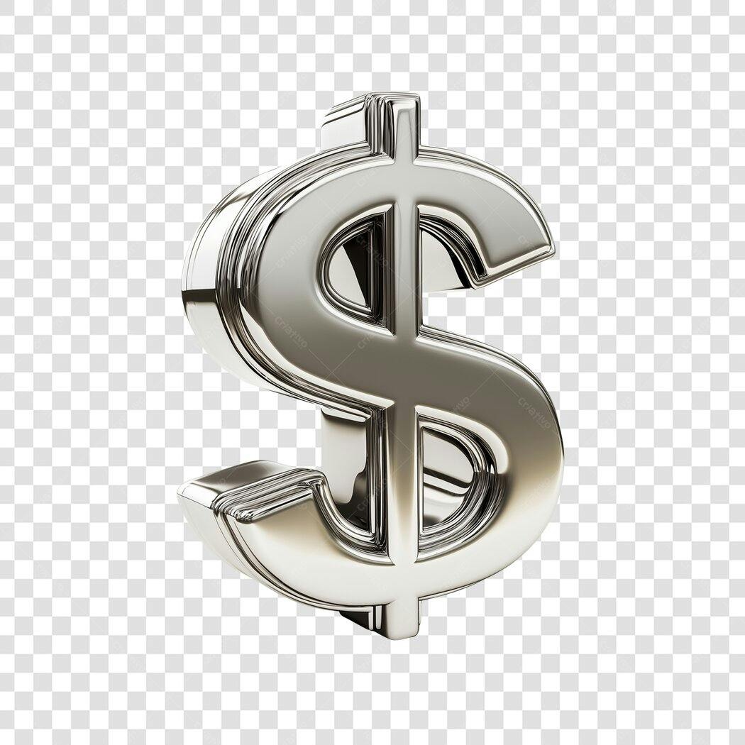 Elemento 3D Símbolo Dólar Prata Metalizado PNG Fundo Transparente