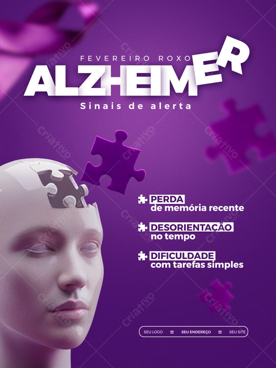 Flyer Fevereiro Roxo Alzheimer Saúde PSD Editável