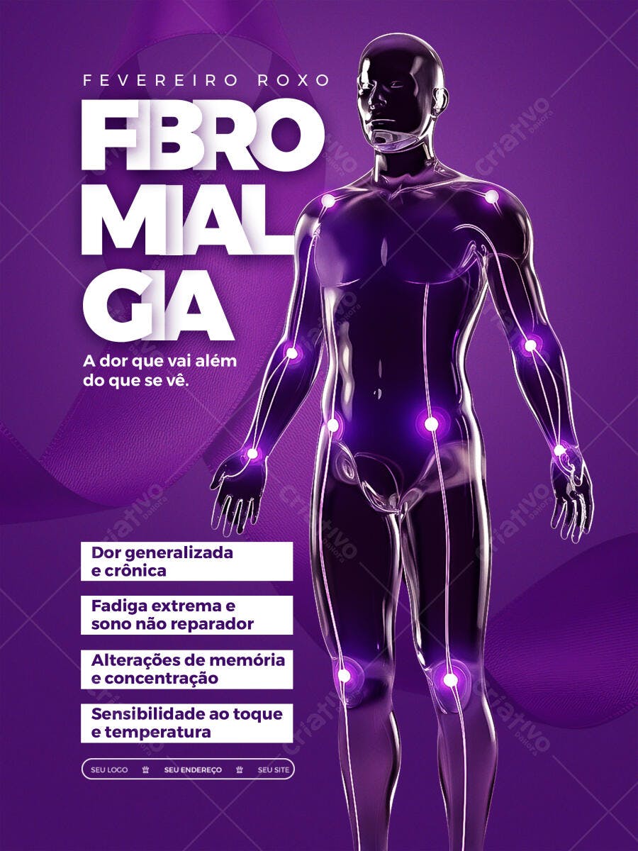 Post Fevereiro Roxo Fibromialgia Saúde PSD Editável