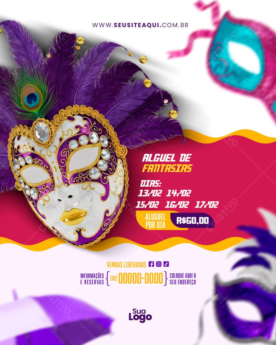 Flyer Carnaval Aluguel Fantasias Fevereiro PSD Editável