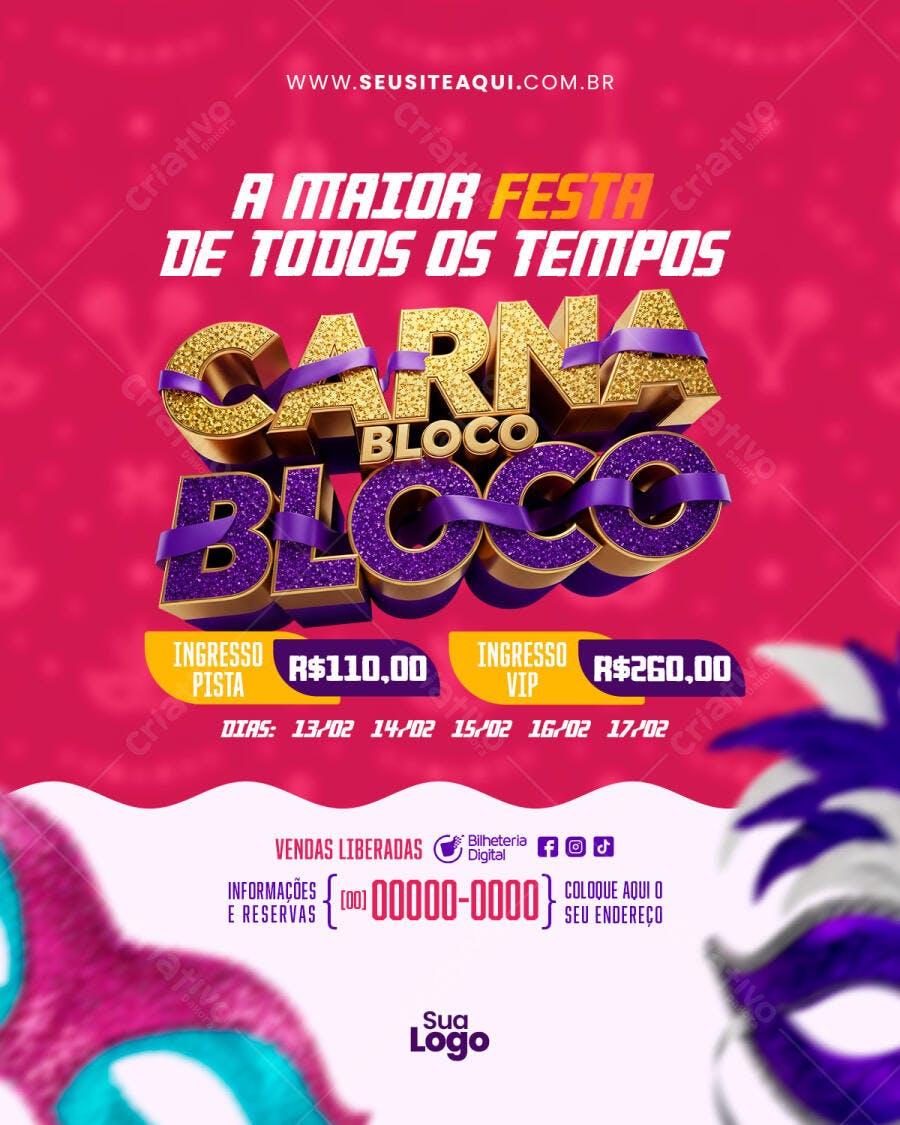 Flyer Carnaval Bloco de Rua Fevereiro PSD Editável
