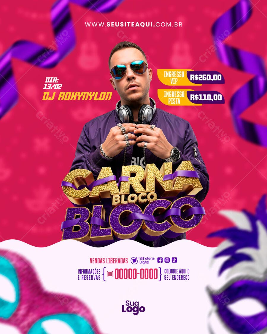 Flyer Carnaval Bloco de Rua Fevereiro PSD Editável