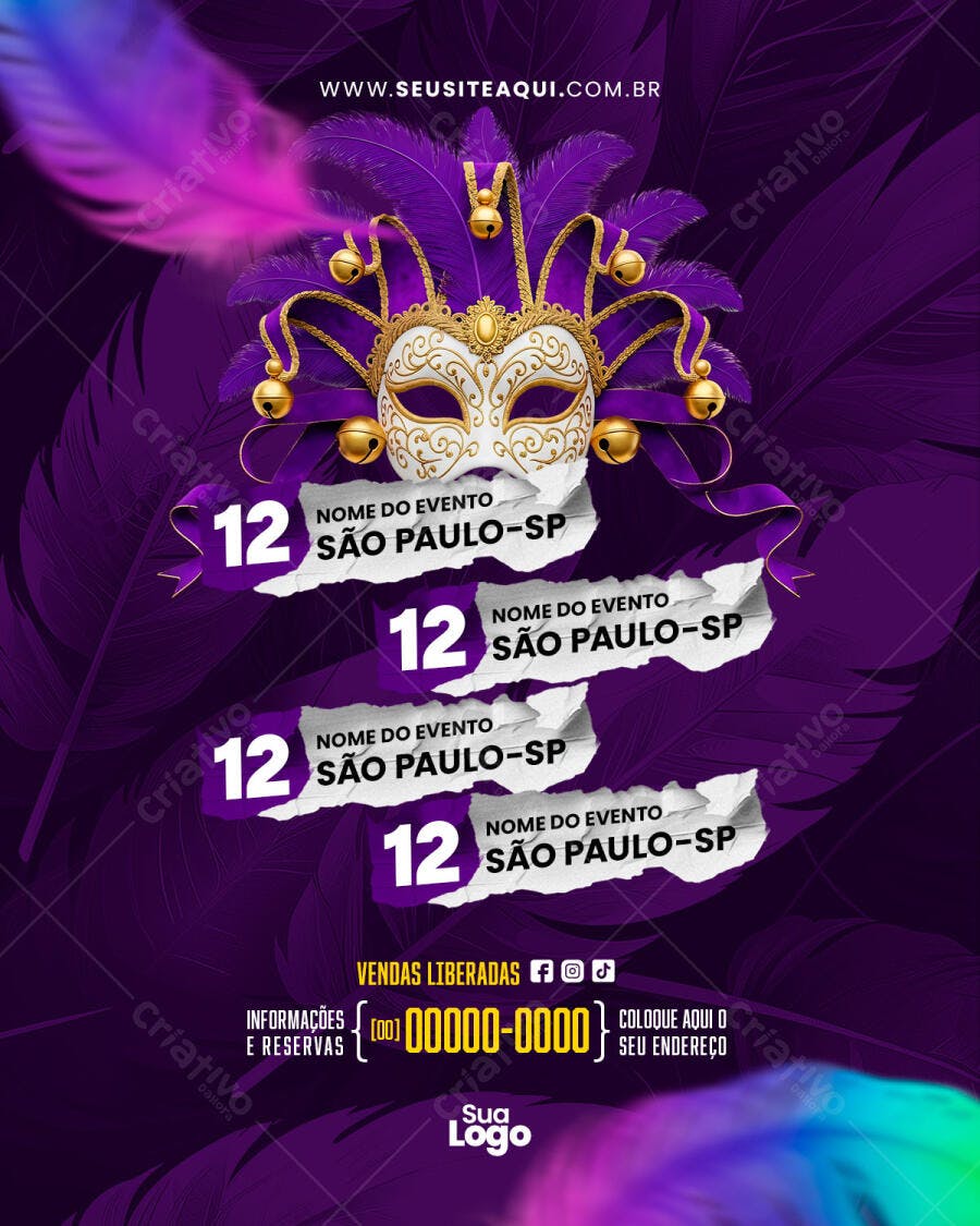 Flyer Carnaval Máscara Roxa Dourada PSD Editável