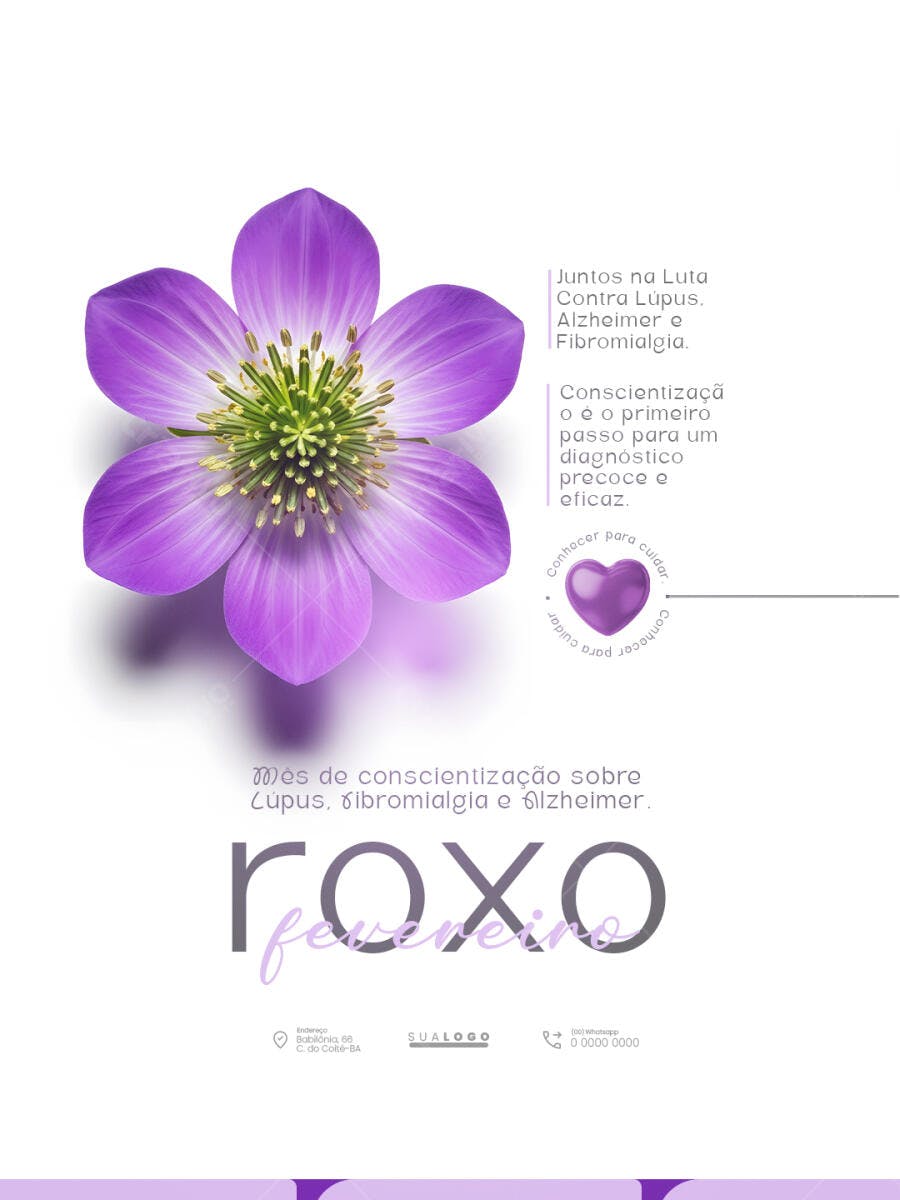 Flyer Fevereiro Roxo Conscientização Saúde PSD Editável