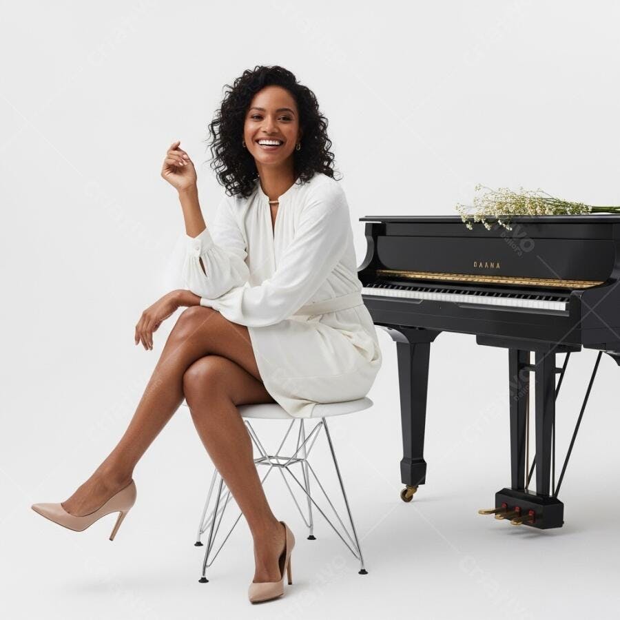 Foto Mulher Negra Sorrindo Sentada Piano Preto Estúdio