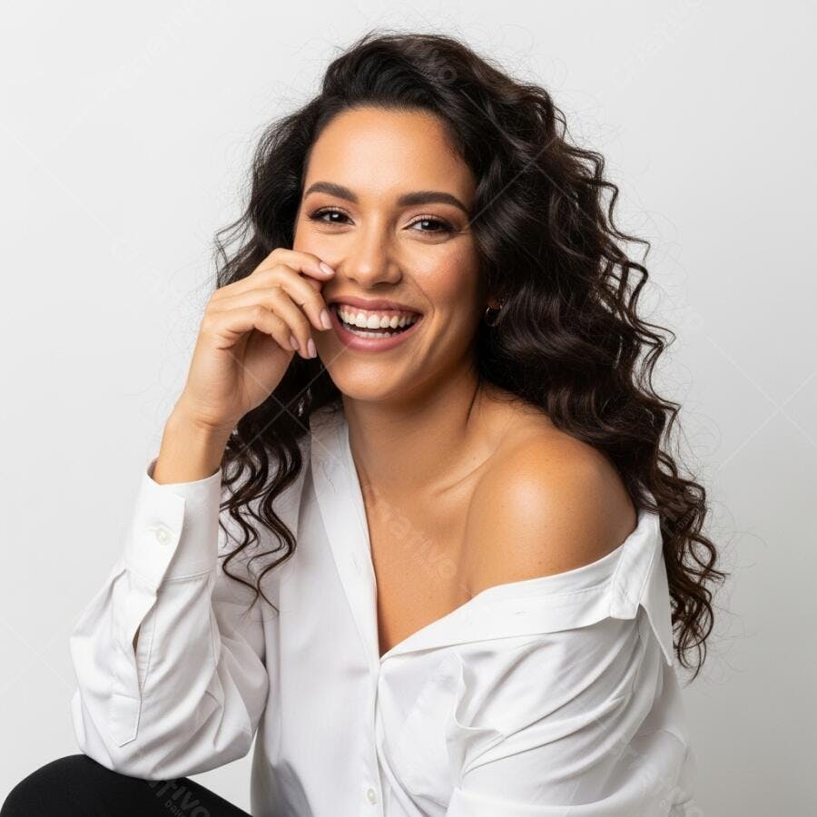 Foto Mulher Jovem Sorrindo Cabelo Cacheado Estúdio Branco