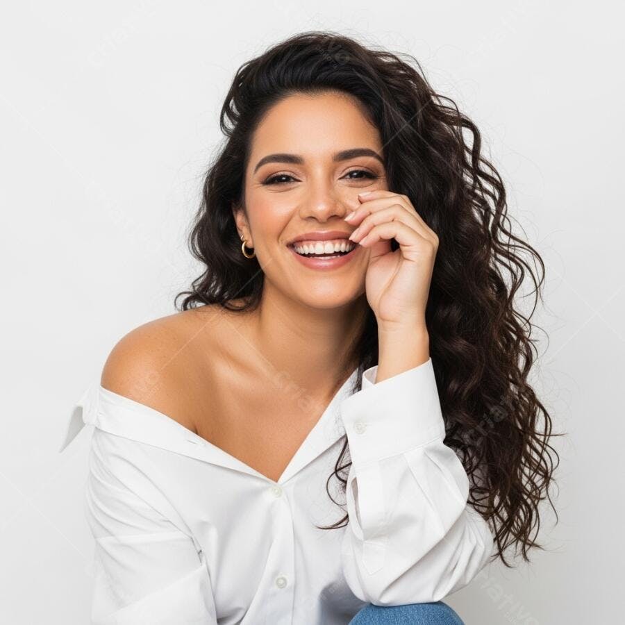 Foto Mulher Jovem Sorrindo Cabelo Cacheado Estúdio Branco