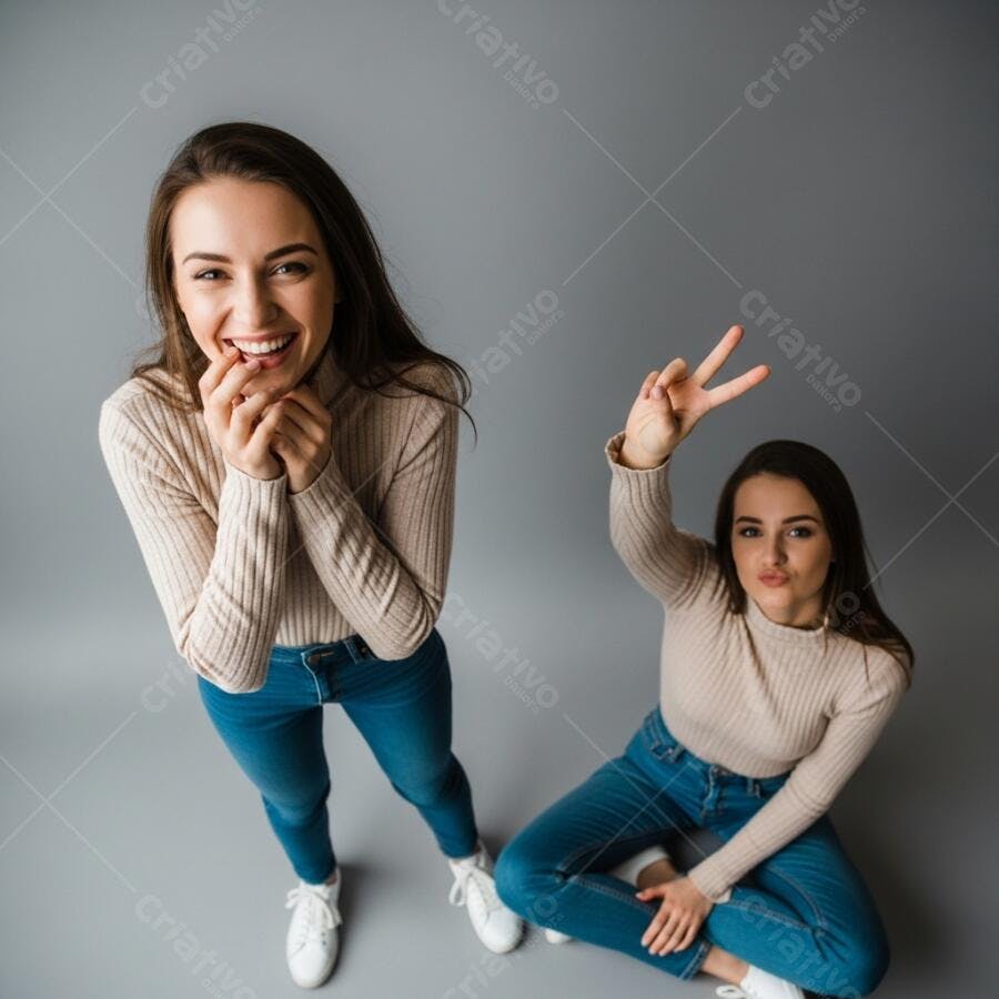Foto Duas Mulheres Jovens Sorrindo Poses Divertidas Fundo Cinza