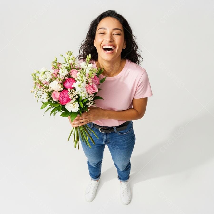 Foto Mulher Jovem Sorrindo Segurando Buquê de Flores
