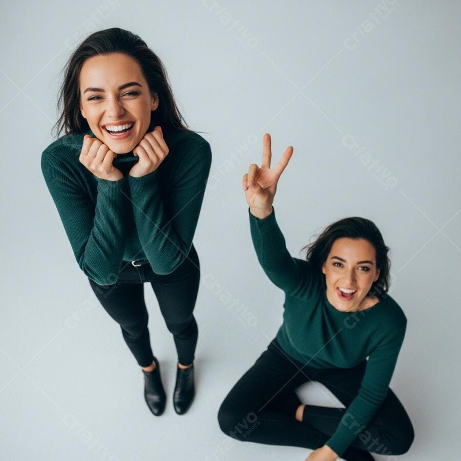 Foto Mulher Jovem Sorrindo Posa com Sinal de Paz Estúdio Branco