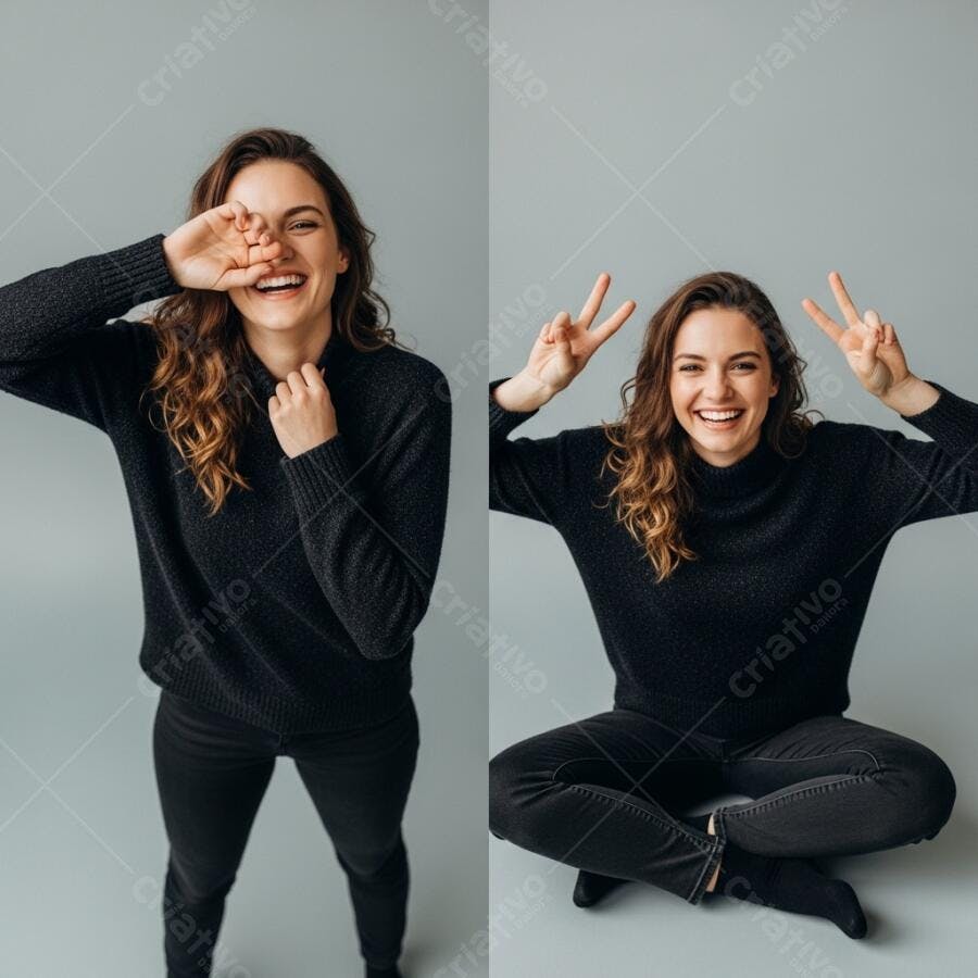 Foto Mulher Jovem Sorrindo Poses Divertidas Fundo Cinza