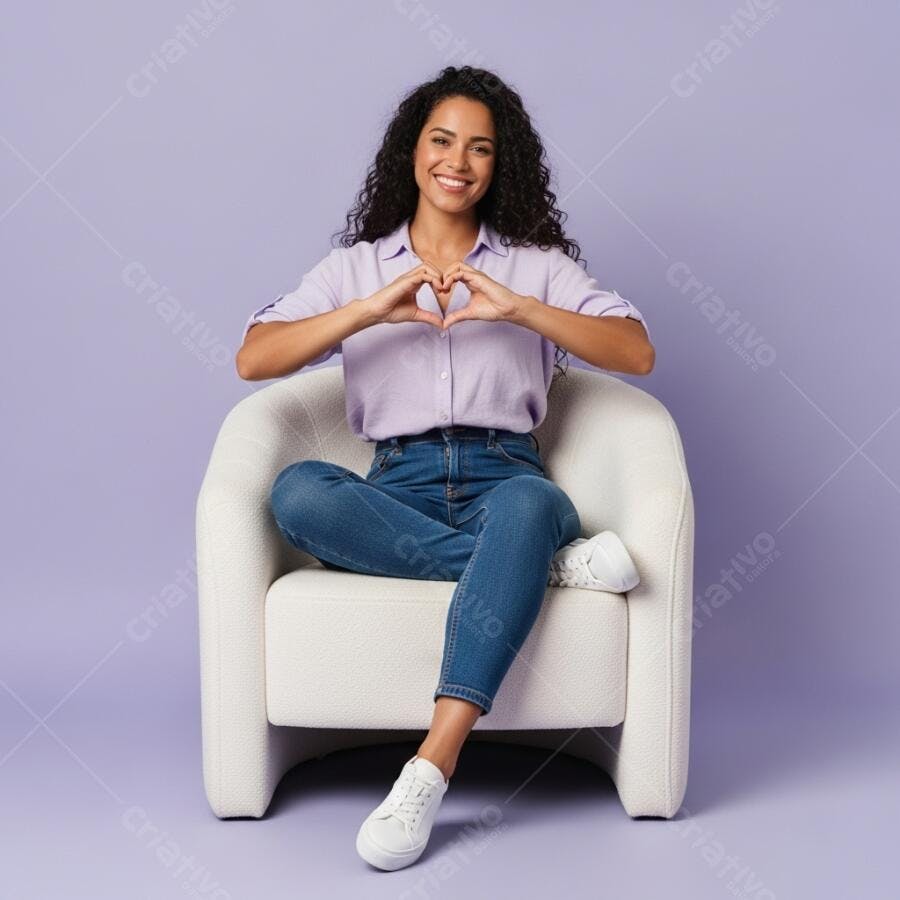 Foto Mulher Jovem Sorrindo Gestos de Coração Cadeira Branca