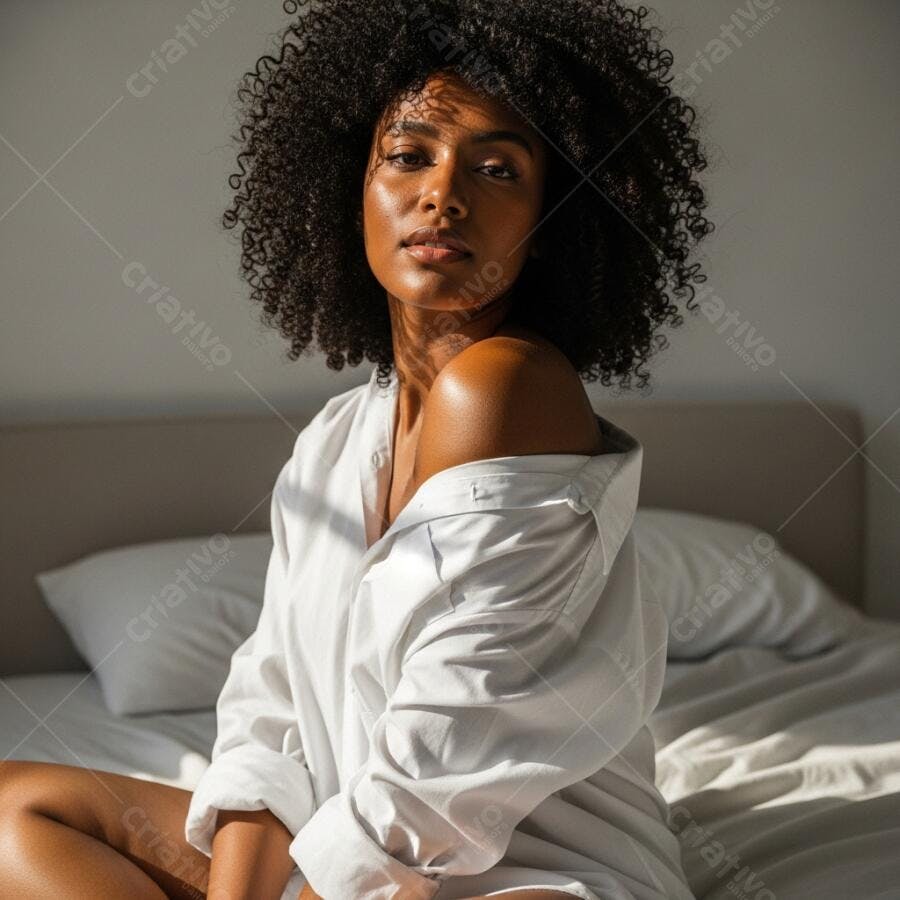 Foto Retrato Mulher Negra Cabelo Cacheado Cama Iluminação Natural