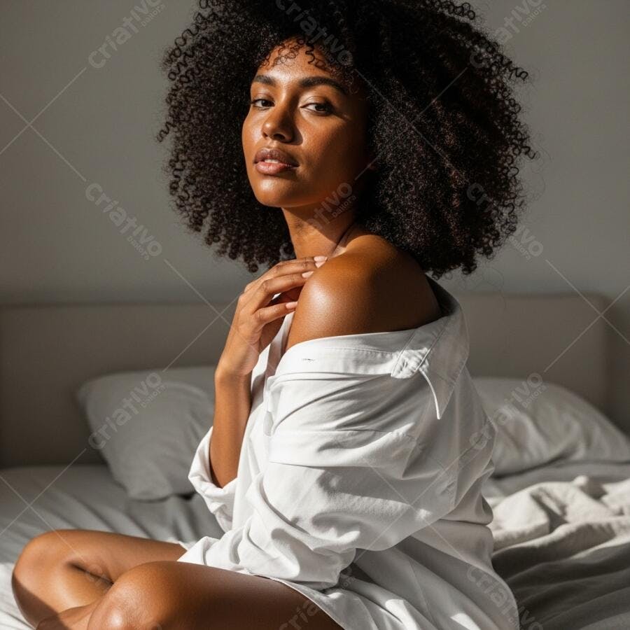 Foto Mulher Negra Cabelo Cacheado Sentada Cama Iluminação Natural
