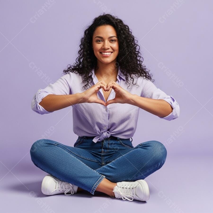 Foto Mulher Jovem Sorrindo Fazendo Coração com Mãos Fundo Roxo