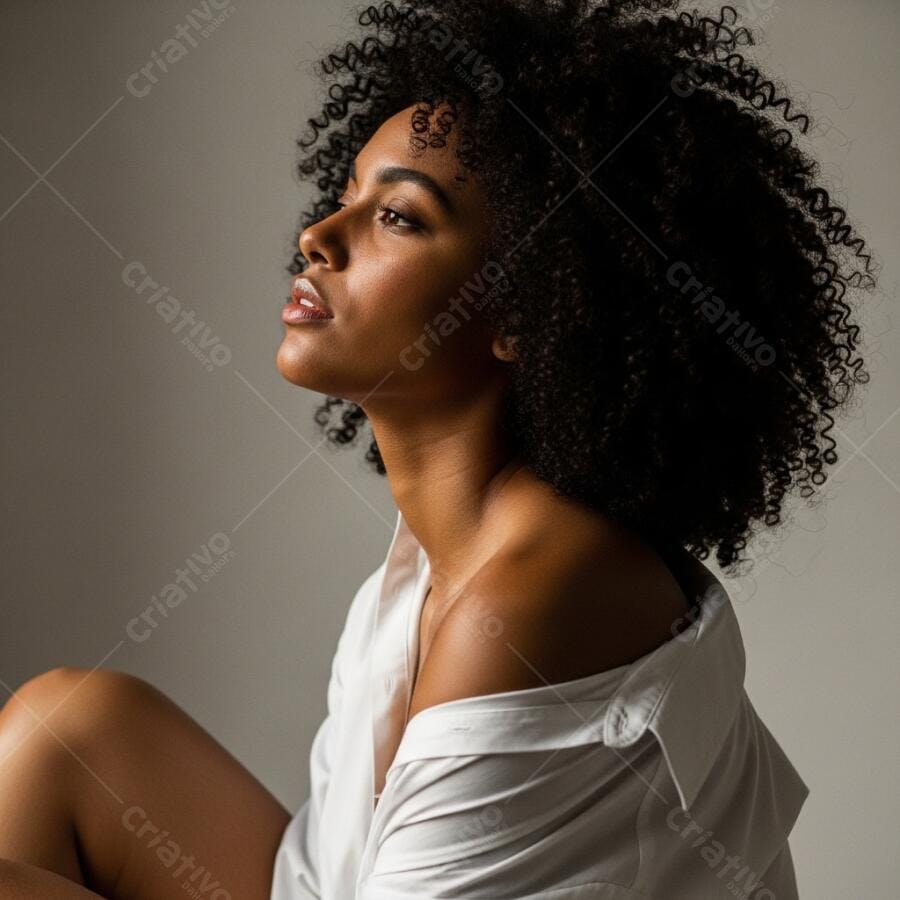 Foto Retrato Mulher Negra Cabelo Cacheado Olhando para Cima