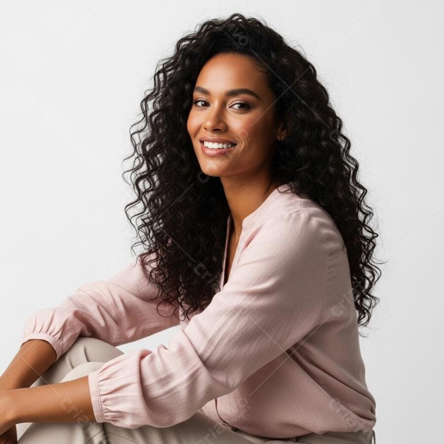 Foto Mulher Negra Sorrindo Cabelos Cacheados Studio Fundo Branco