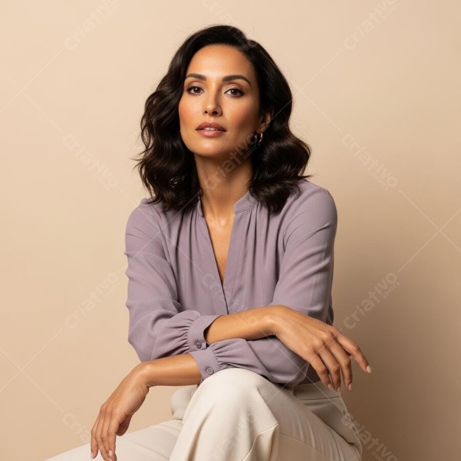 Foto Retrato Mulher Latina Sentada Fundo Neutro Estúdio