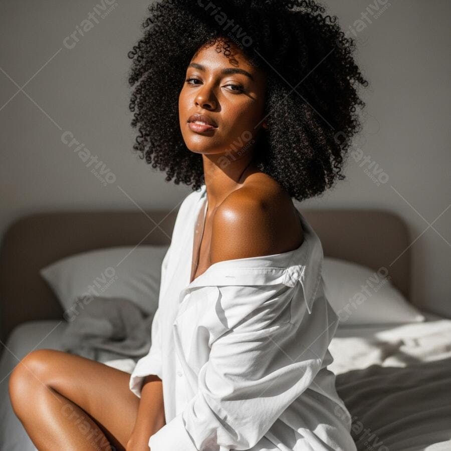 Foto Mulher Negra Cabelo Cacheado Sentada na Cama Iluminação Natural