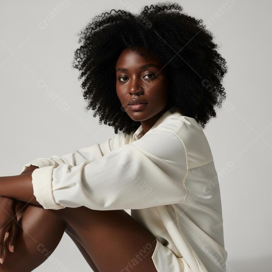 Foto Retrato Mulher Negra Cabelo Cacheado Natural Fundo Branco