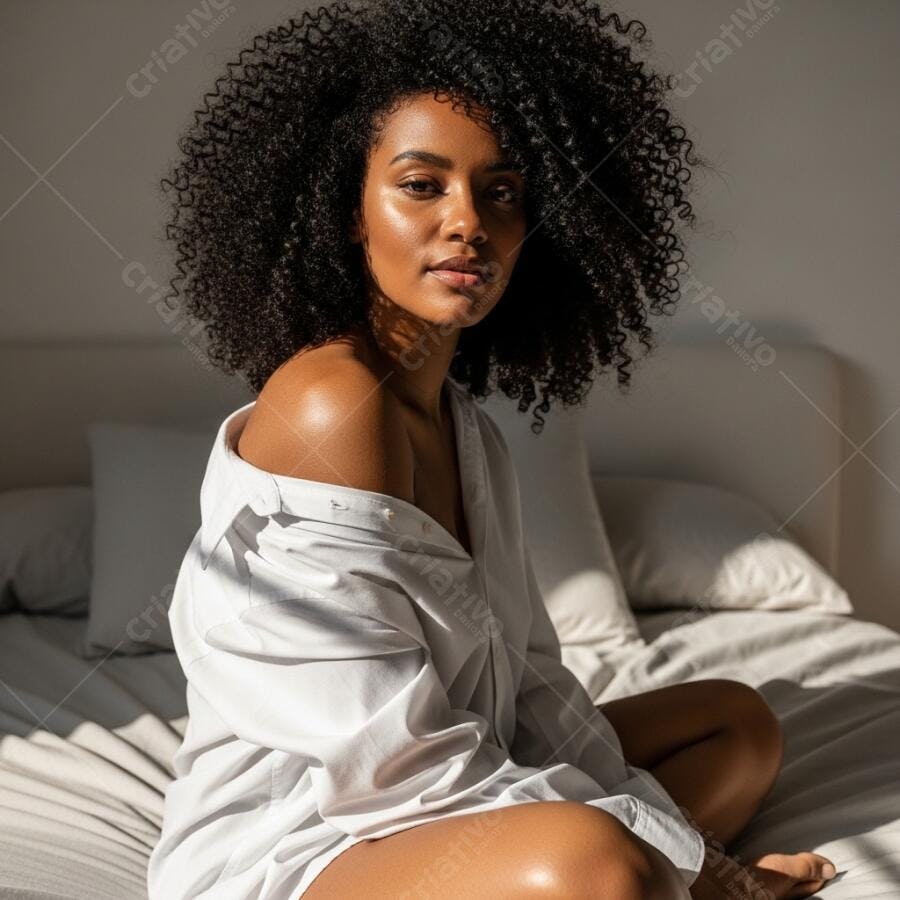 Foto Retrato Mulher Negra Cabelo Cacheado Cama Iluminação Natural