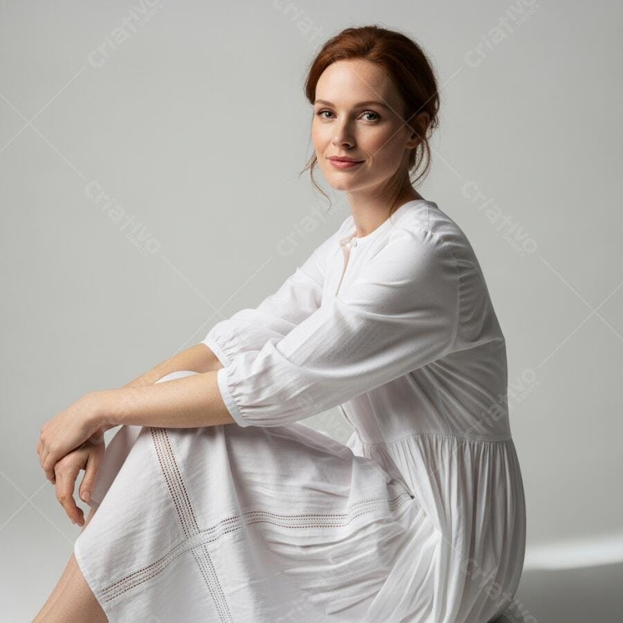Foto Retrato Mulher Ruiva Sorrindo Vestido Branco Estúdio