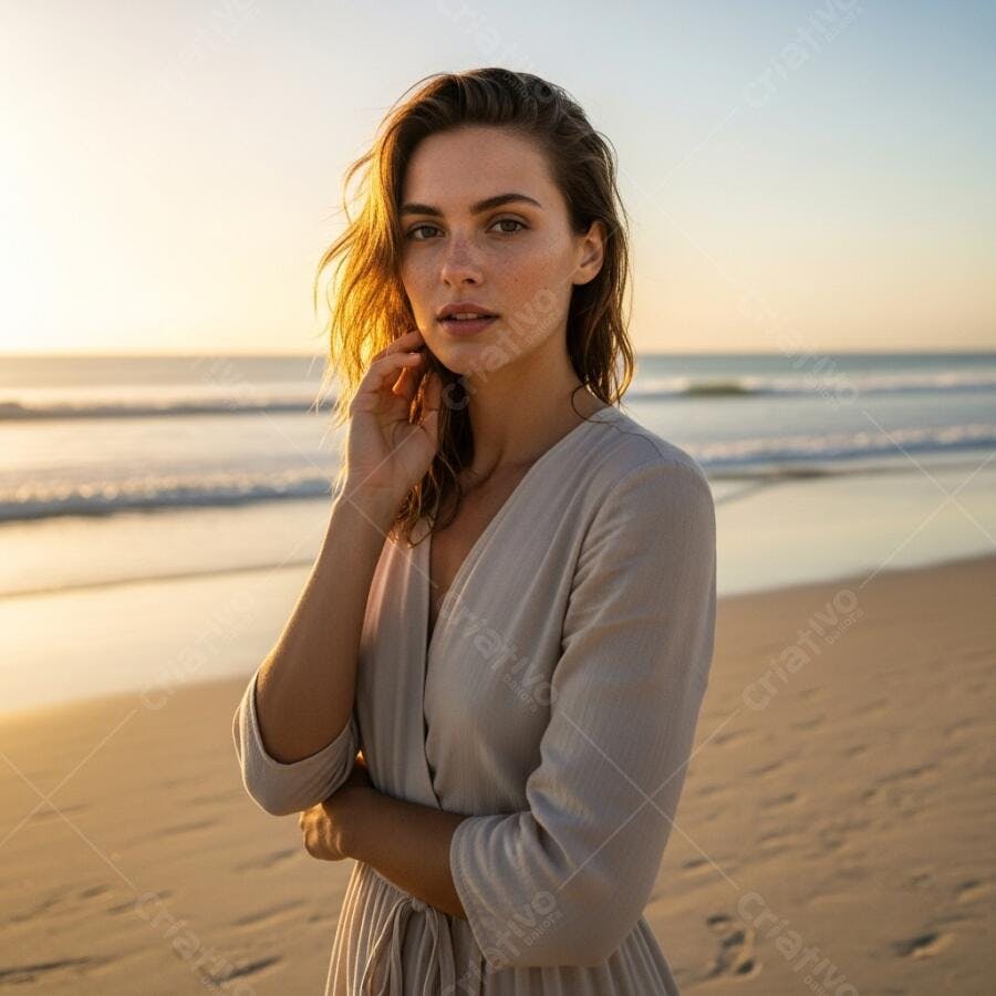 Foto Mulher Jovem na Praia Pôr do Sol Dourado Natural