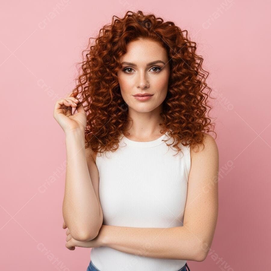Foto Mulher Ruiva Cabelo Cacheado Olhando Câmera Fundo Rosa