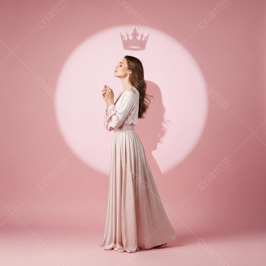 Foto Mulher Vestido Rosa Pêssego Coroa Iluminação Estúdio