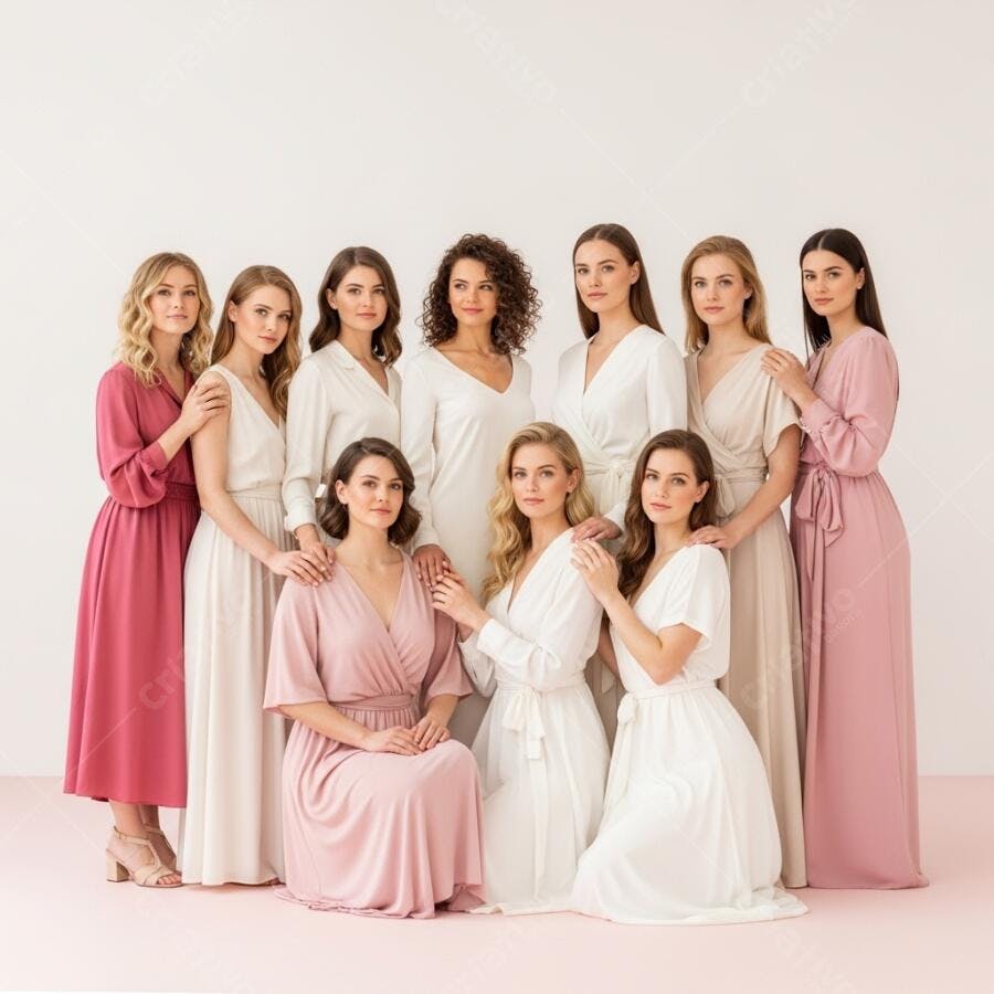Foto Mulheres Madrinhas Casamento Vestidos Rosas e Brancos