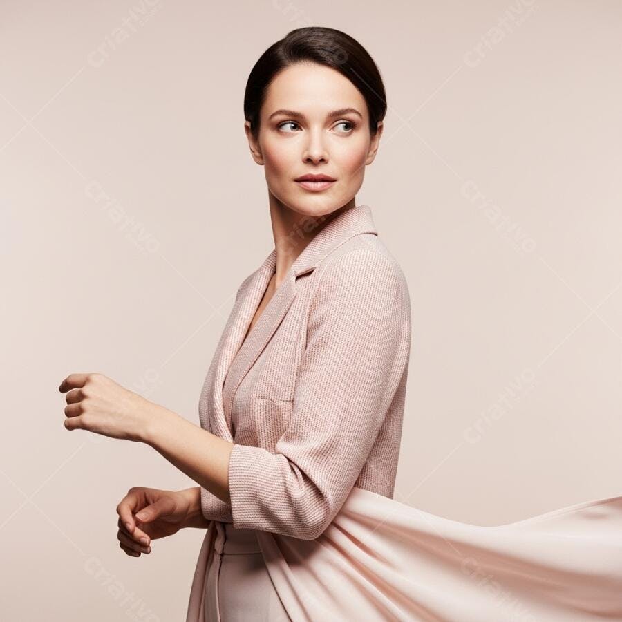 Foto Retrato Mulher Elegante Olhando Lado Fundo Neutro Estúdio