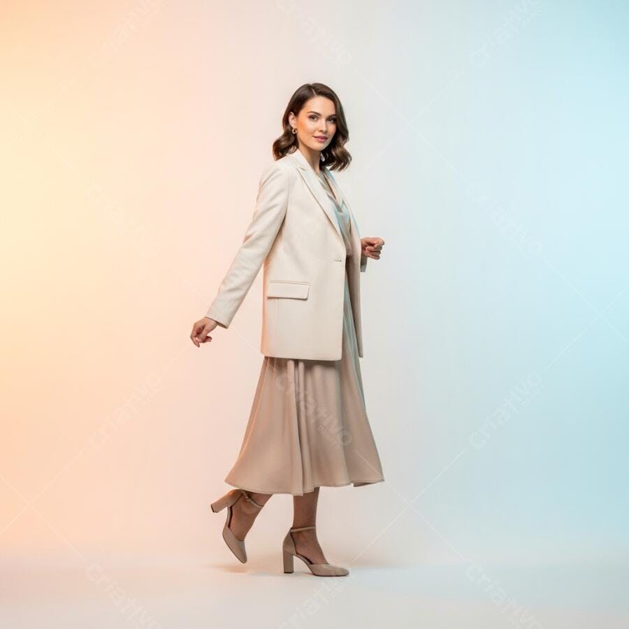 Foto Mulher Jovem Elegante Blazer Branco Saia Plissada Estúdio