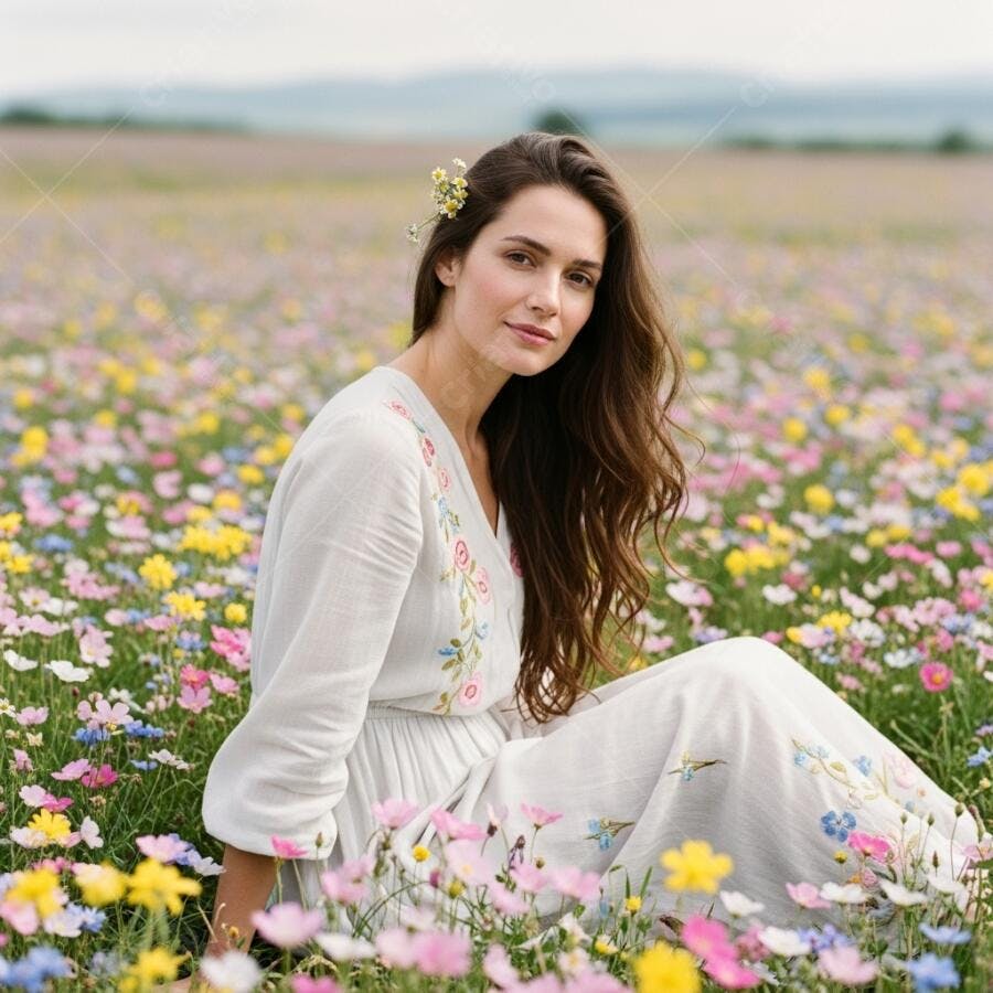 Foto Mulher Jovem Sentada Campo Flores Silvestres Primavera