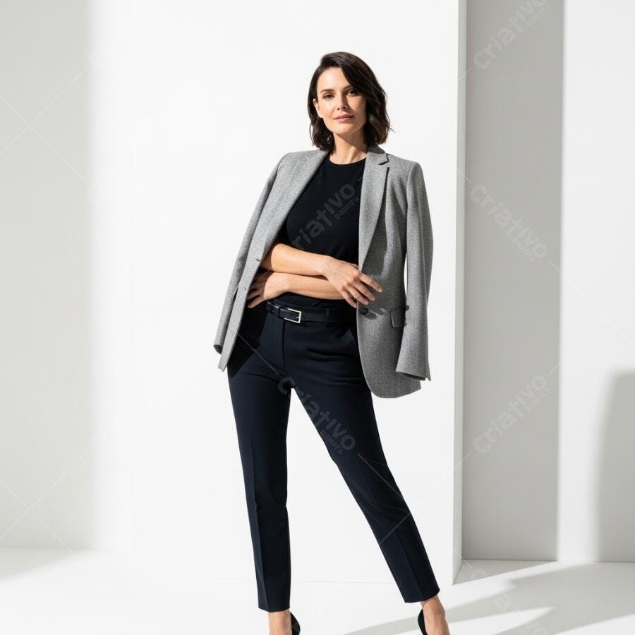 Foto Mulher Profissional Blazer Cinza Posa Estúdio Branco
