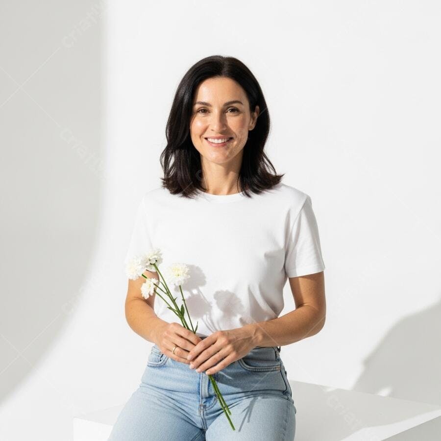 Foto Mulher Sorrindo Segurando Flores Brancas Estúdio