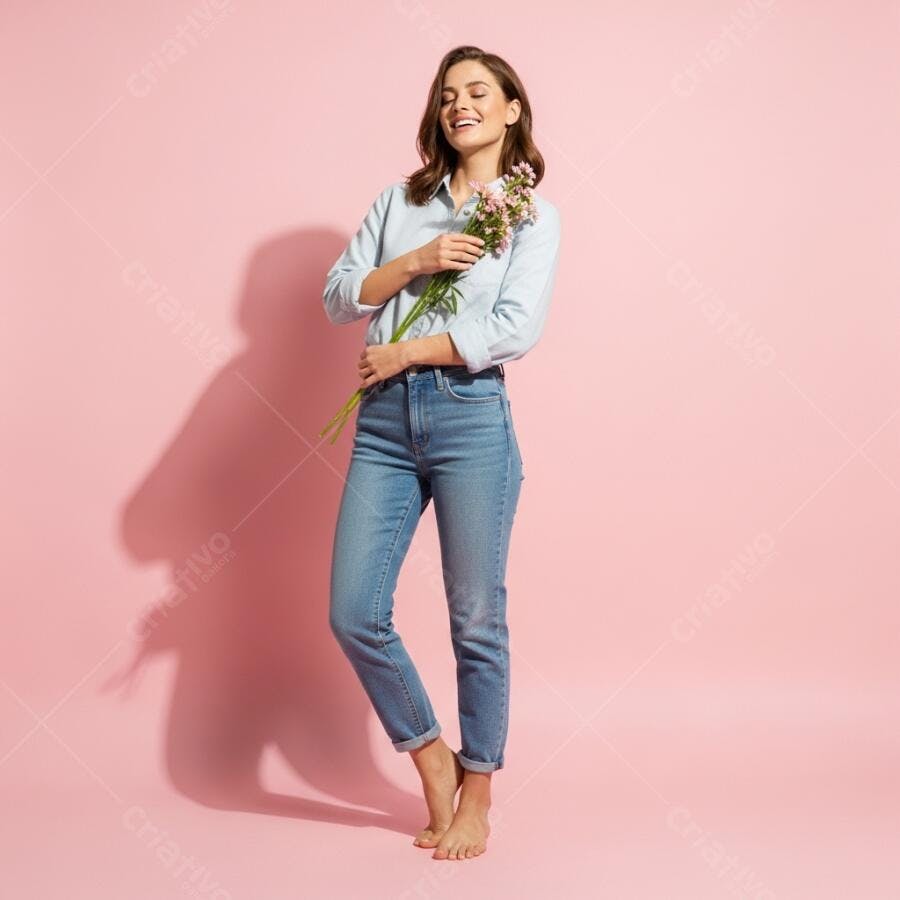 Foto Mulher Jovem Sorrindo Segurando Flores Fundo Rosa