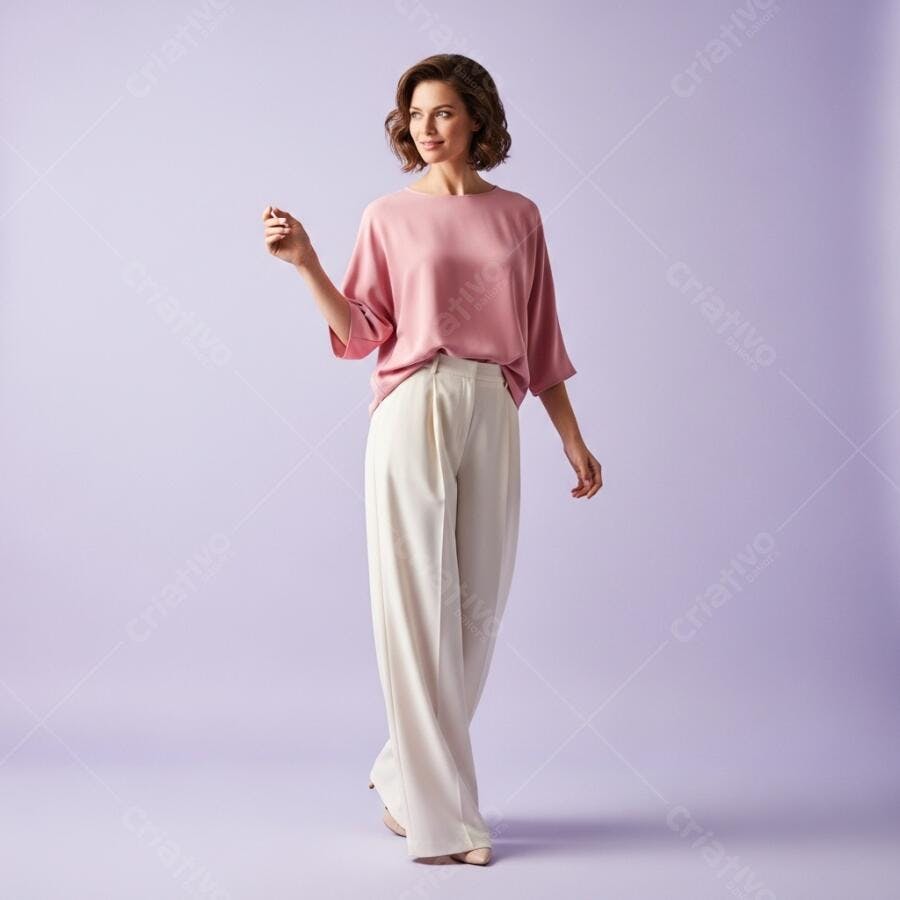 Foto Mulher Branca Sorrindo Posa Roupas Casuais Estúdio Lilás