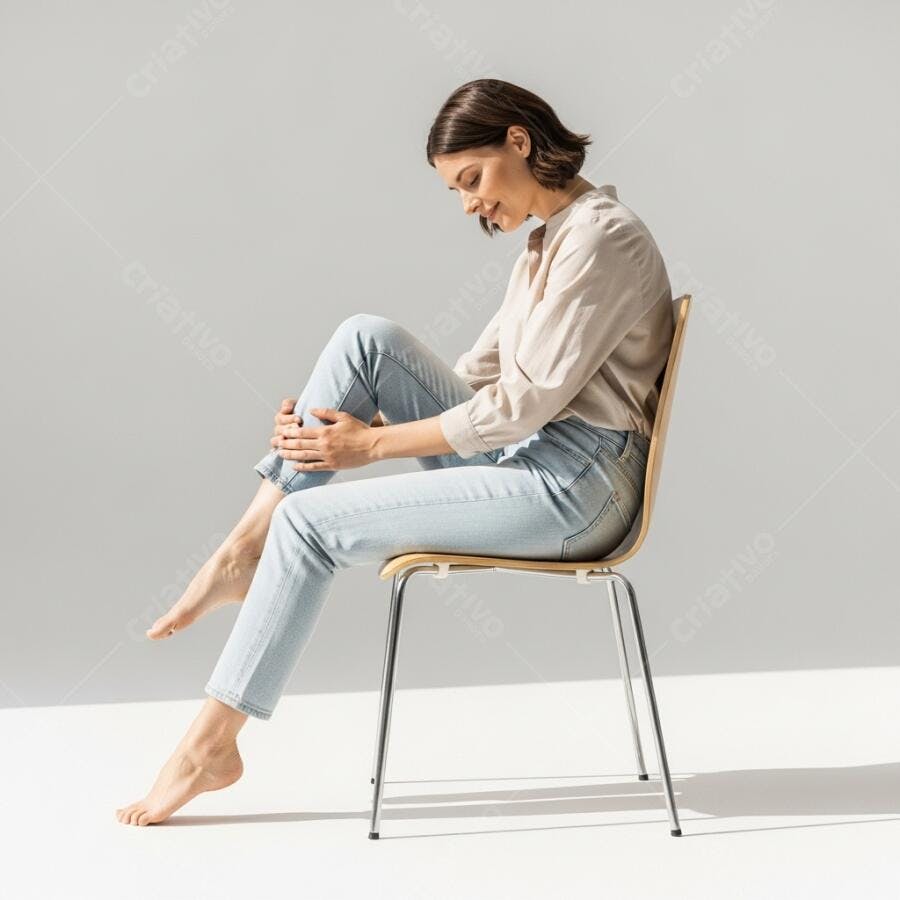 Foto Mulher Jovem Sentada Cadeira Olhando para Baixo Estúdio