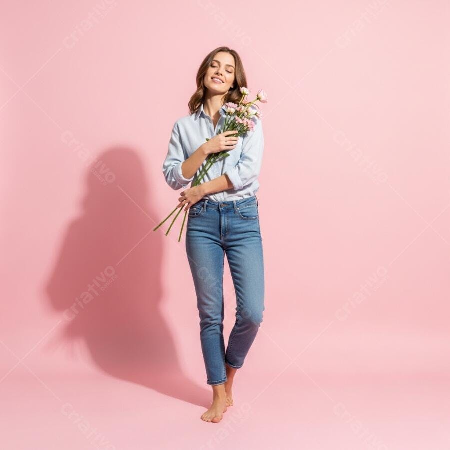 Foto Mulher Jovem Sorrindo Segurando Flores Fundo Rosa Estúdio