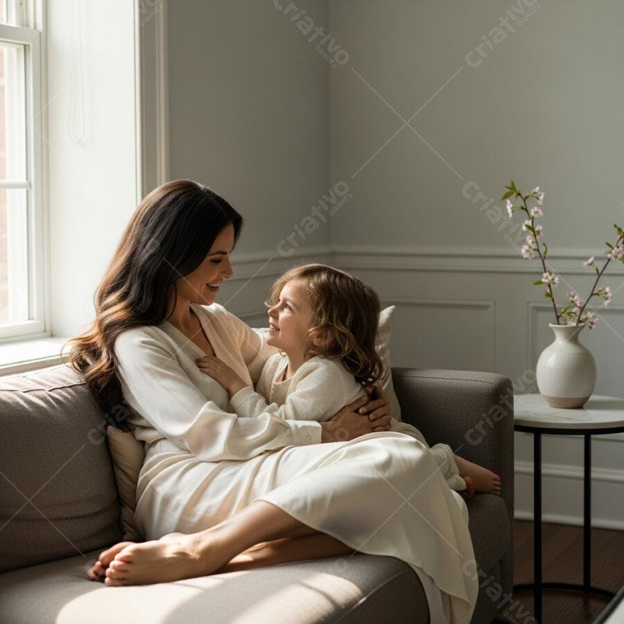 Foto Mãe e Filha Sorrindo Abraçadas Sofá Sala de Estar