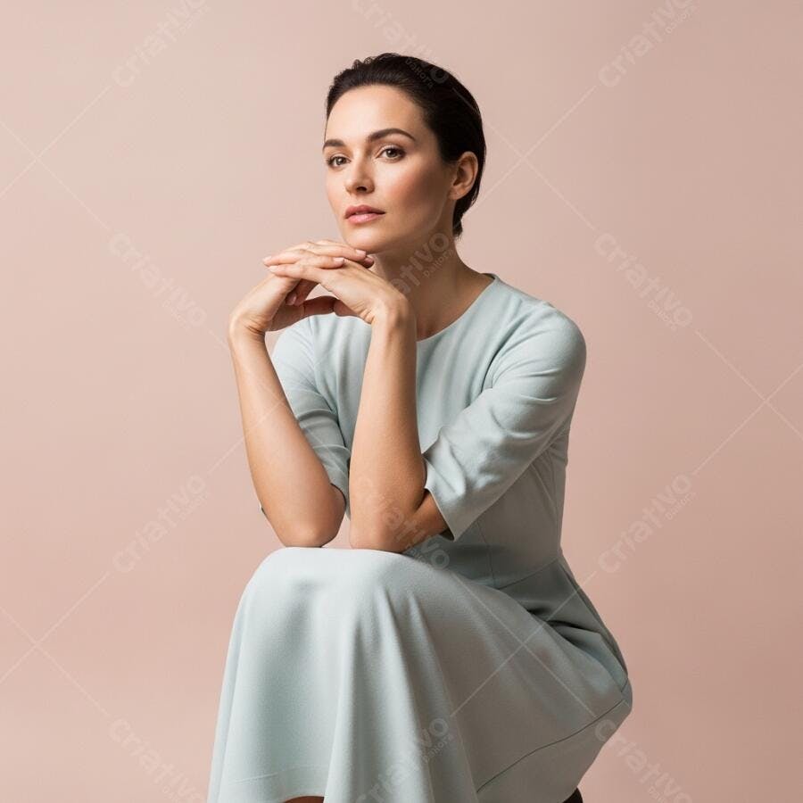 Foto Retrato Mulher Pensativa Vestido Azul Claro Fundo Rosa